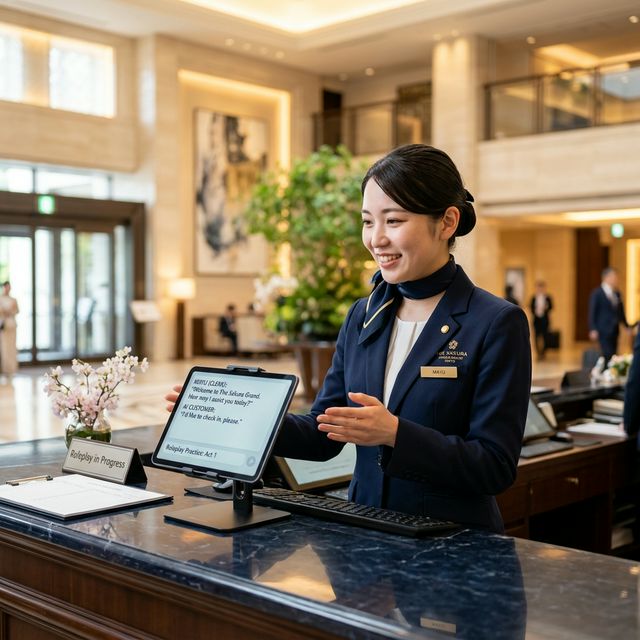 夜のホテルロビーと対応中のスタッフ