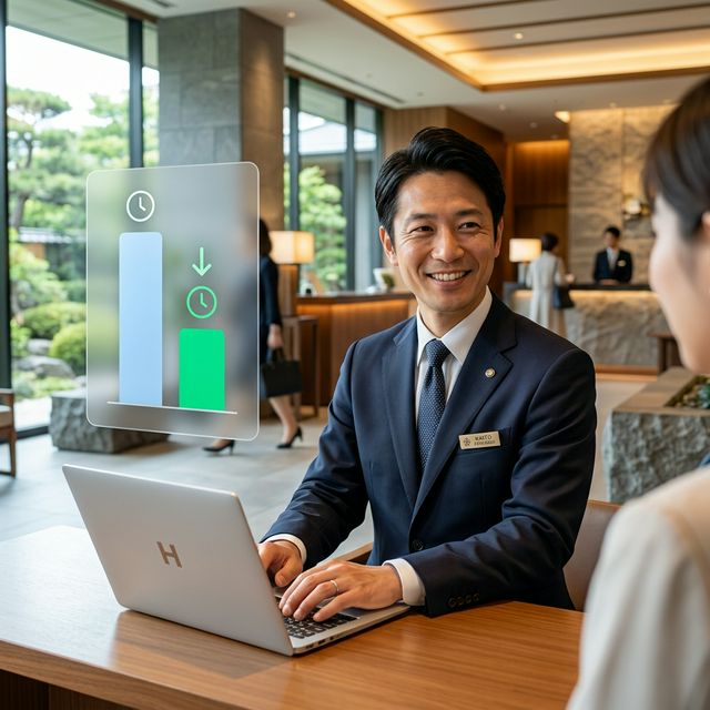 笑顔で接客に集中するベテランホテルスタッフ