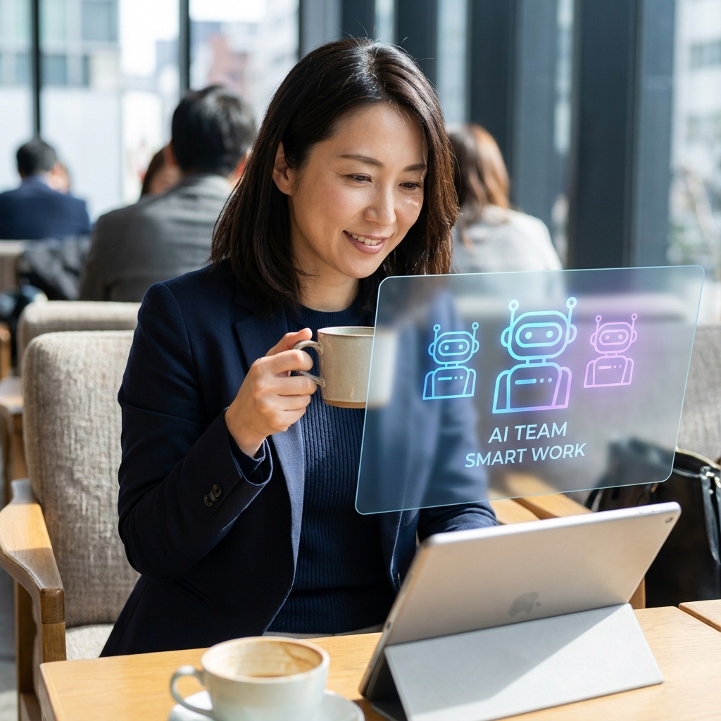 カフェで優雅にAIチームに指示を出すWebディレクター